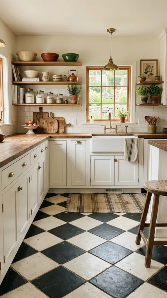 Vintage Farmhouse Kitchen With Checkerboard Floors