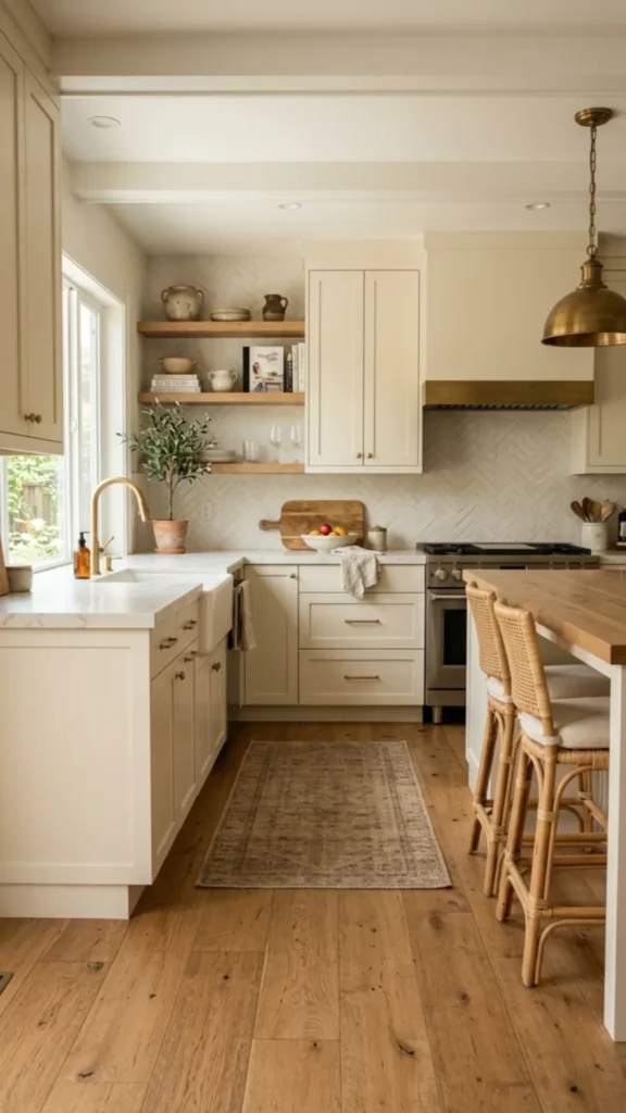 Soft Neutral Kitchen With Warm Wood Flooring