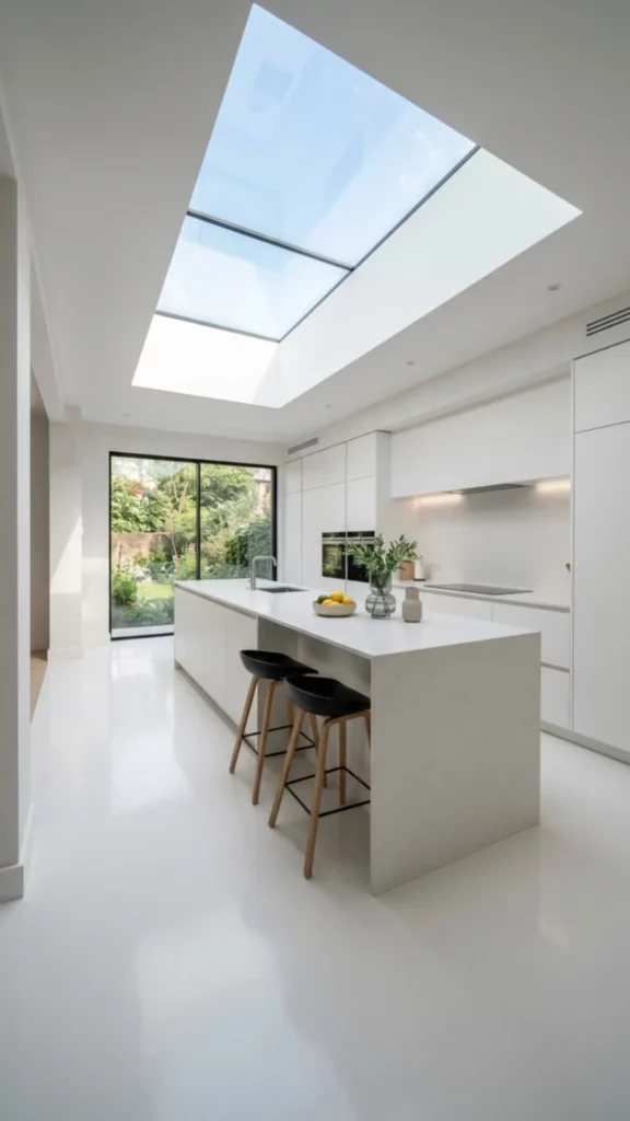 Ultra Minimal White Kitchen With Skylight