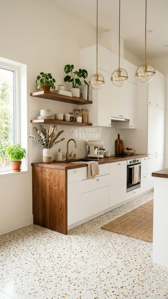 White Kitchen With Warm Wood and Terrazzo Floors
