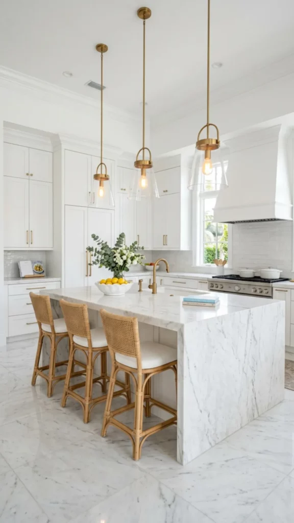 Bright White Kitchen With Marble Waterfall Island