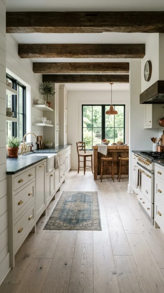 Dark Wood Floors With White Cabinets for Contrast