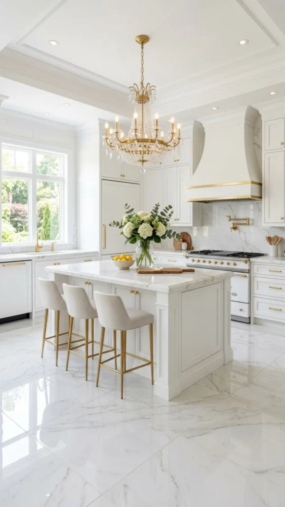 Classic White Kitchen With Crystal Chandelier