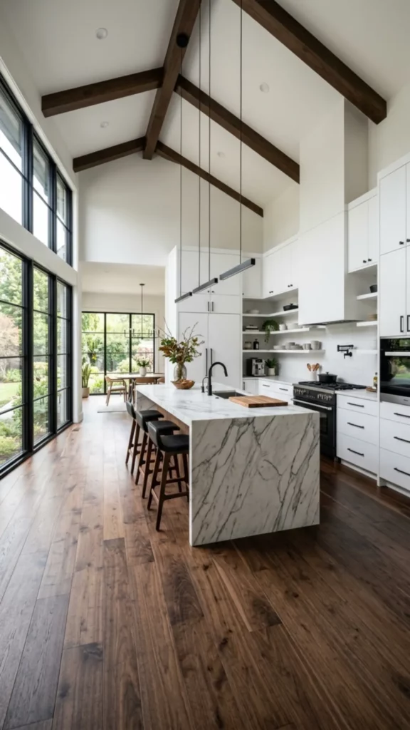 Dramatic Open Concept Kitchen With Dark Floors