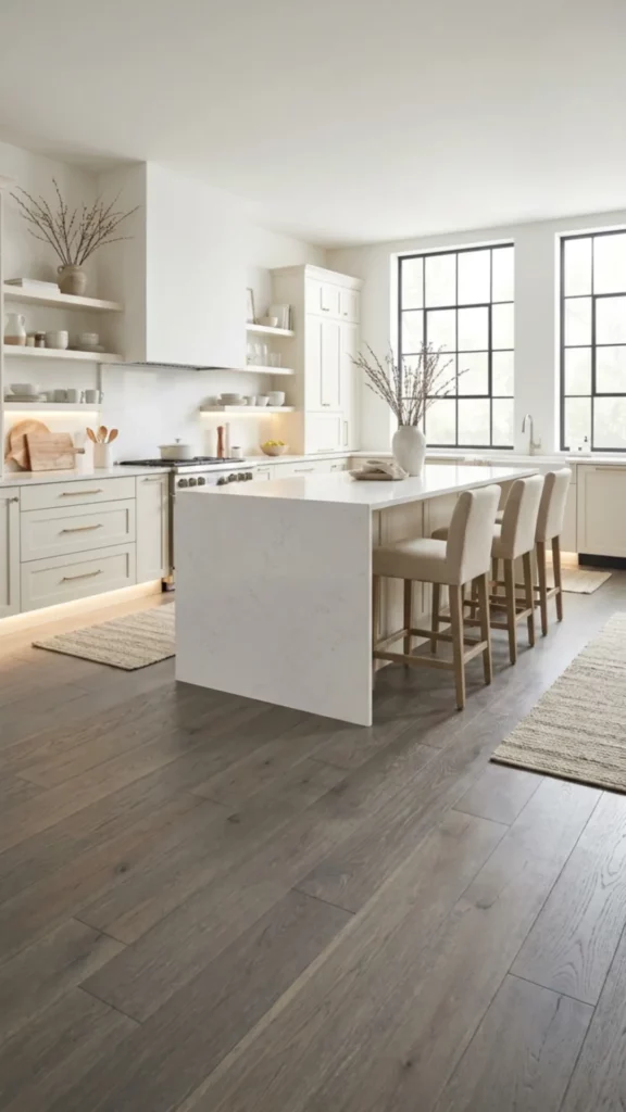 Grey Wood Floors Kitchen with Warm White Contrast