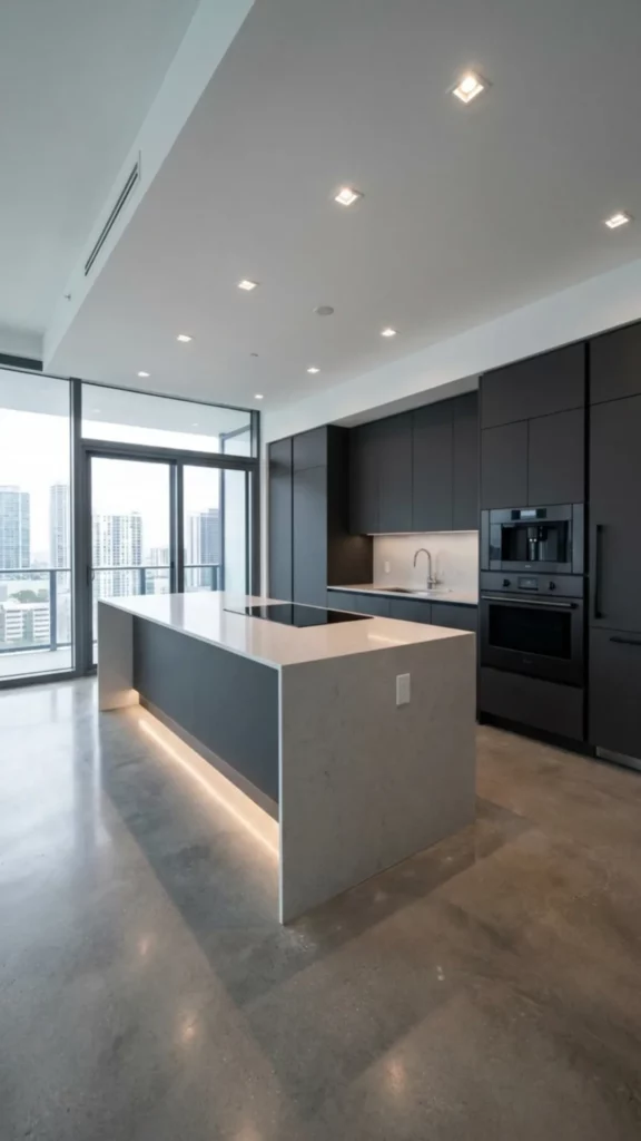 Contemporary Grey Floor Kitchen with Sleek Minimal Design