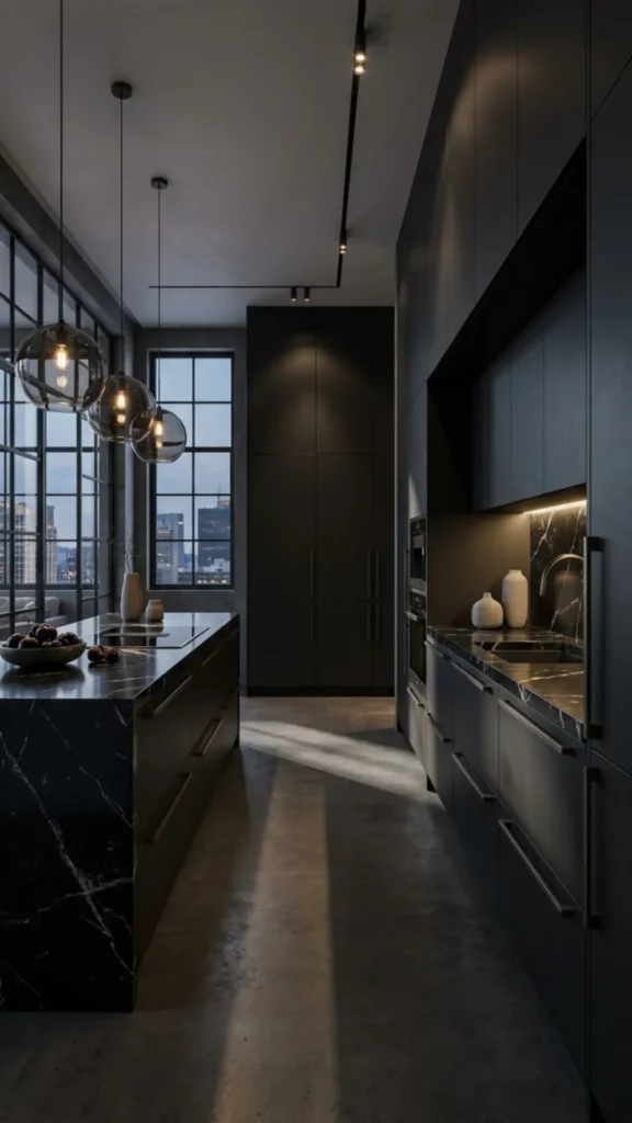 Dark Grey Floors Kitchen with Bold Black Accents