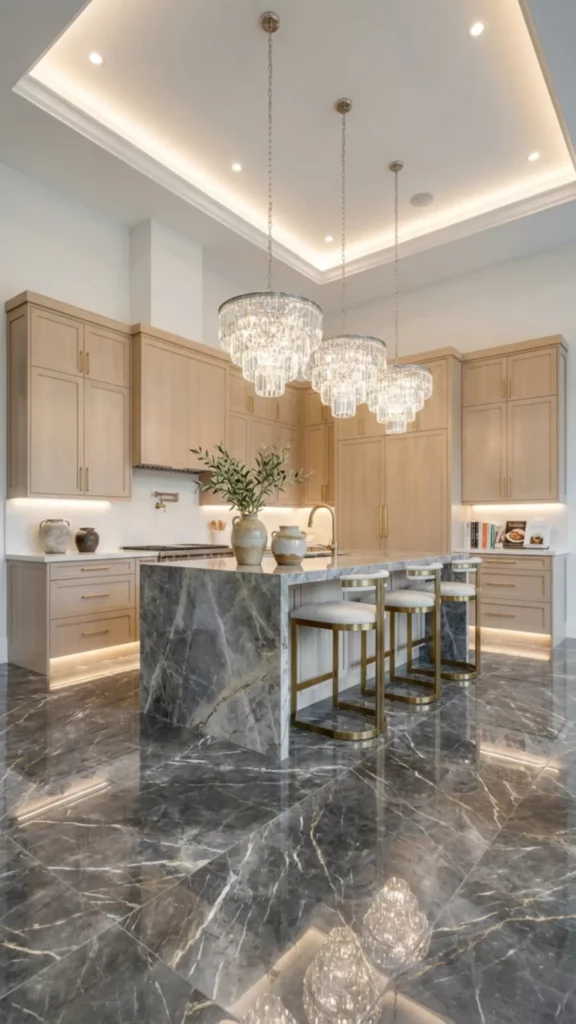 Grey Marble Floor Kitchen with Luxe Gold Details
