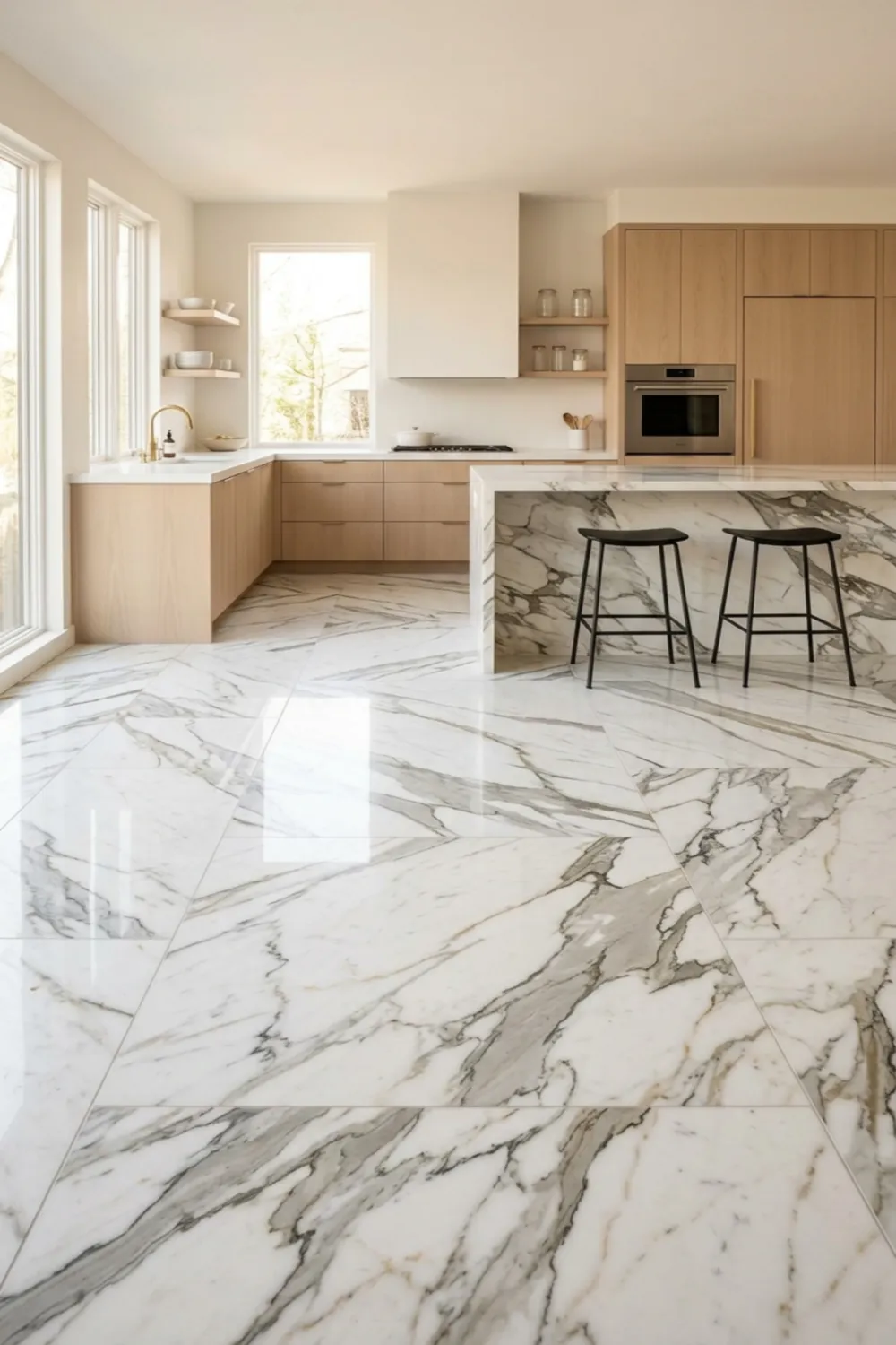 Marble Kitchen Floor Tiles with Dramatic Veining