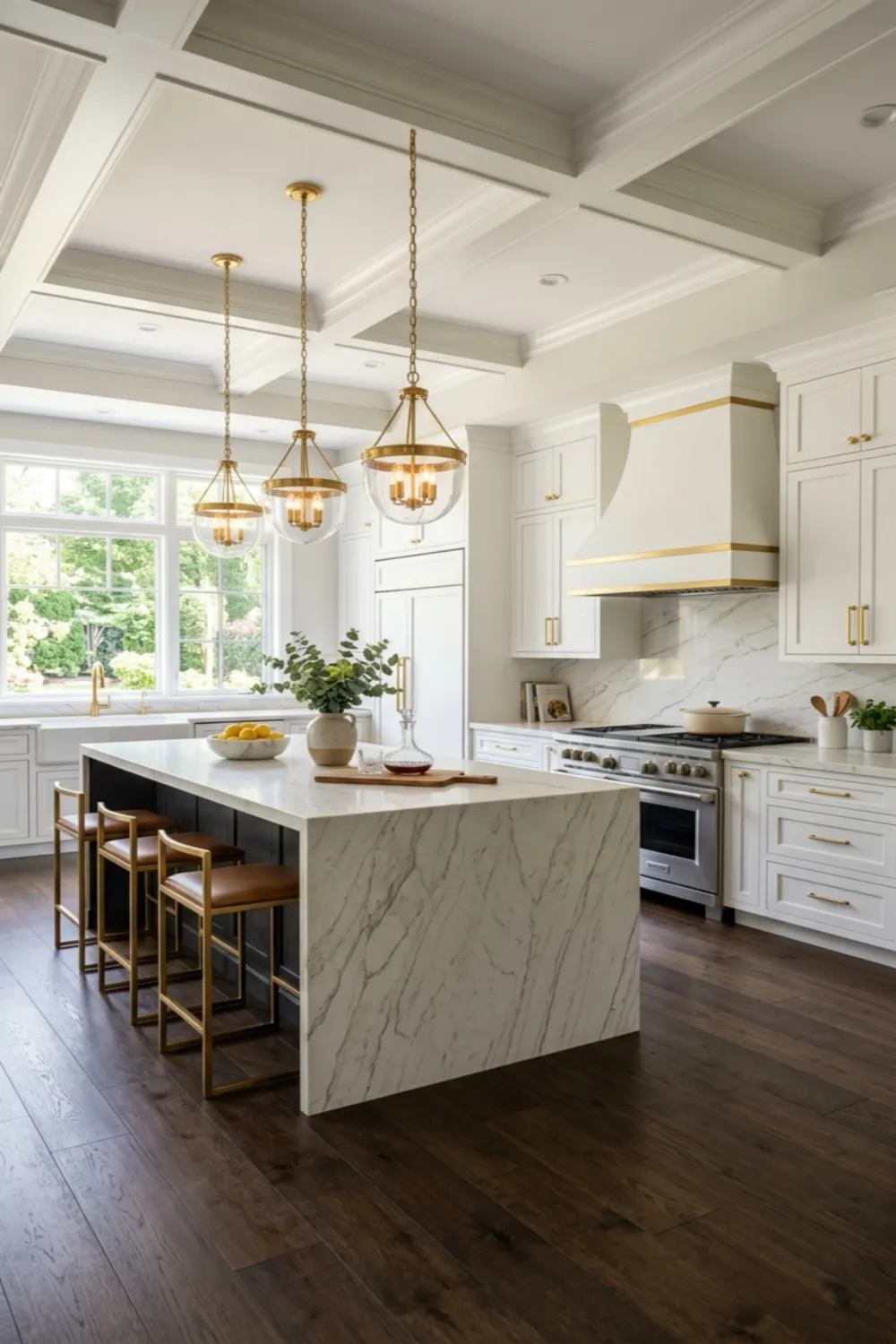 Dark Floors with White Cabinets and Gold Accents