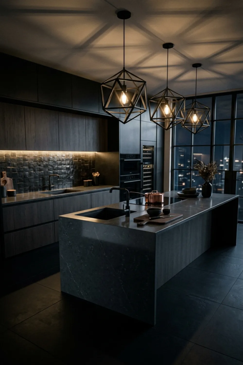 Black Floor Kitchen with Dramatic Lighting