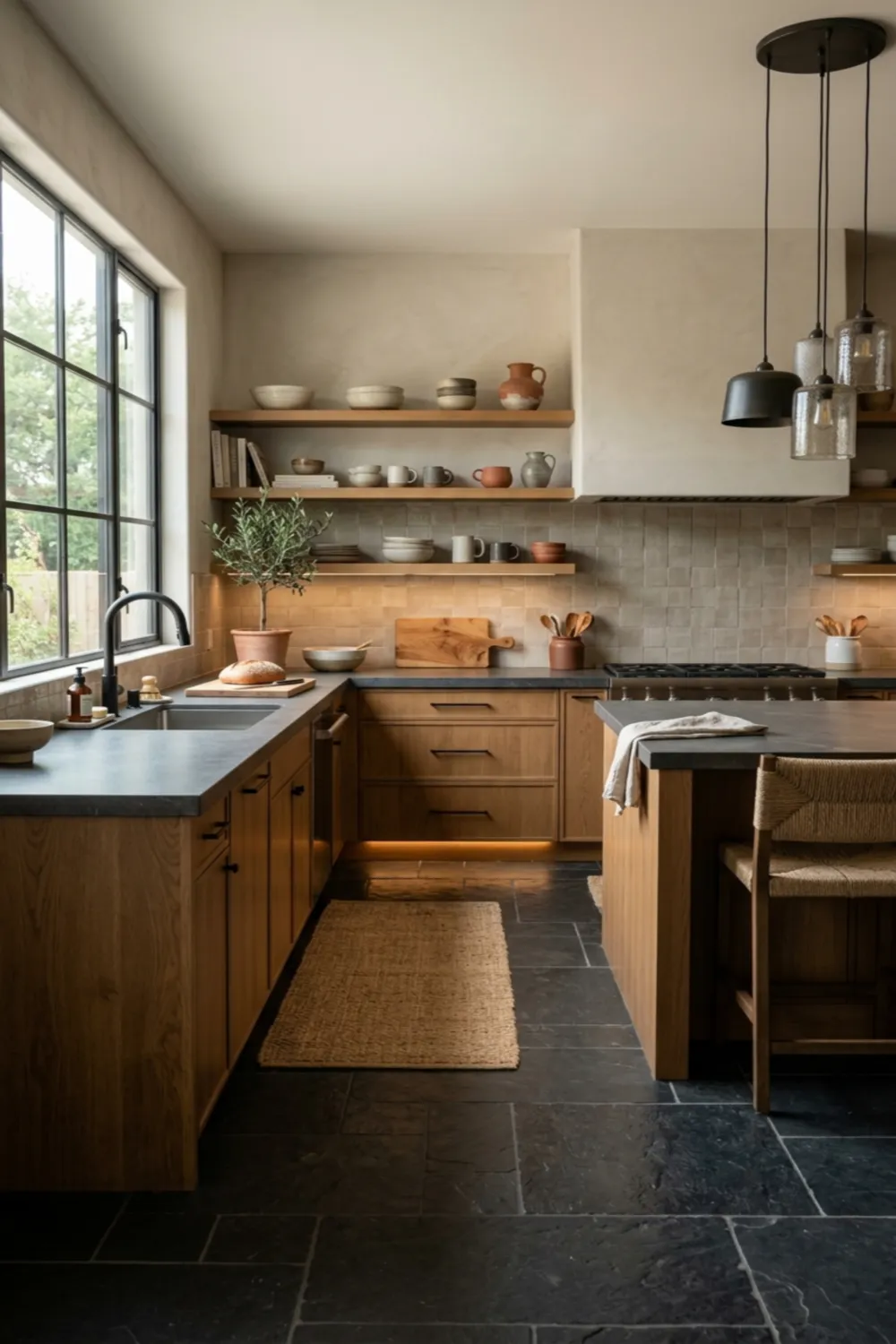Dark Tile Kitchen Floors with Textured Finishes