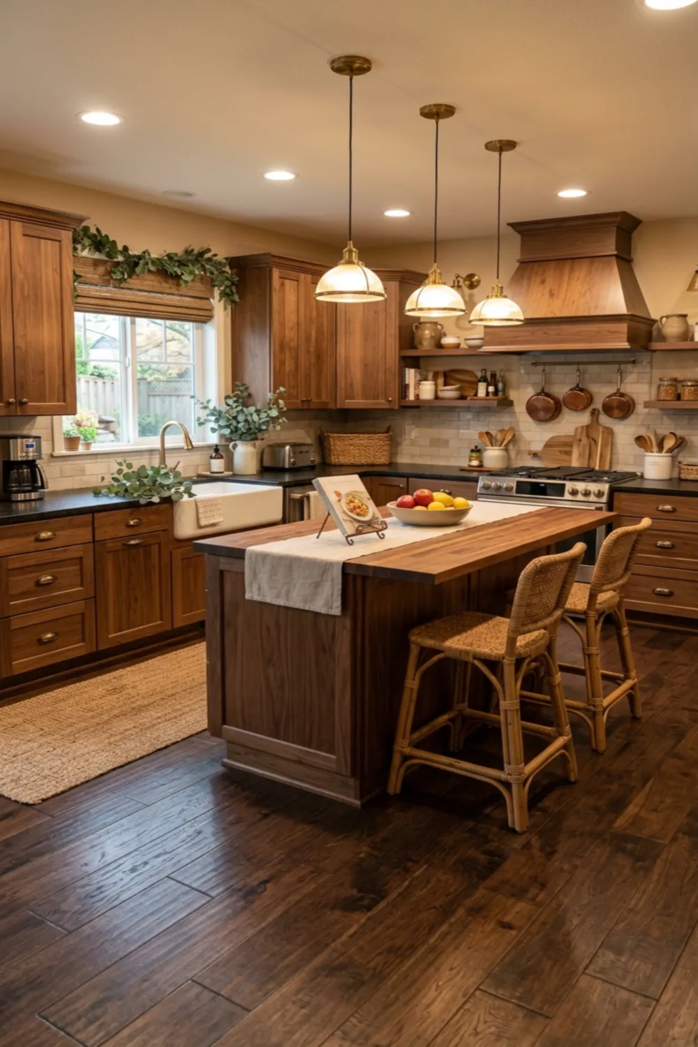 Dark Brown Kitchen Floors with Warm Wood Cabinets