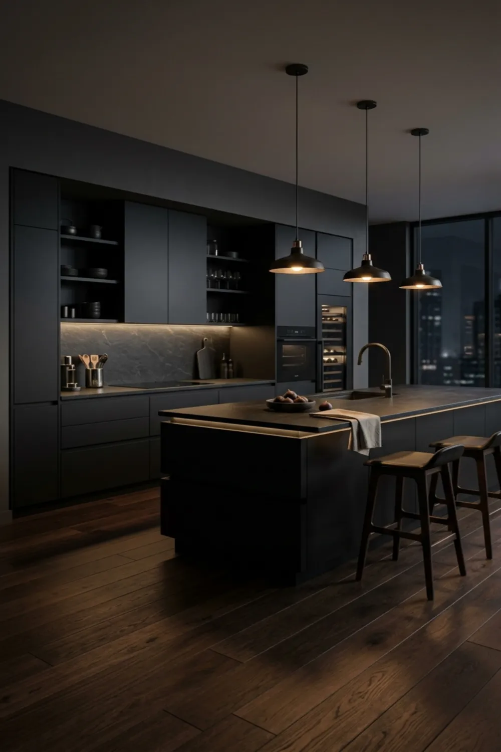 Moody Kitchen with Dark Floors and Matte Black Cabinets