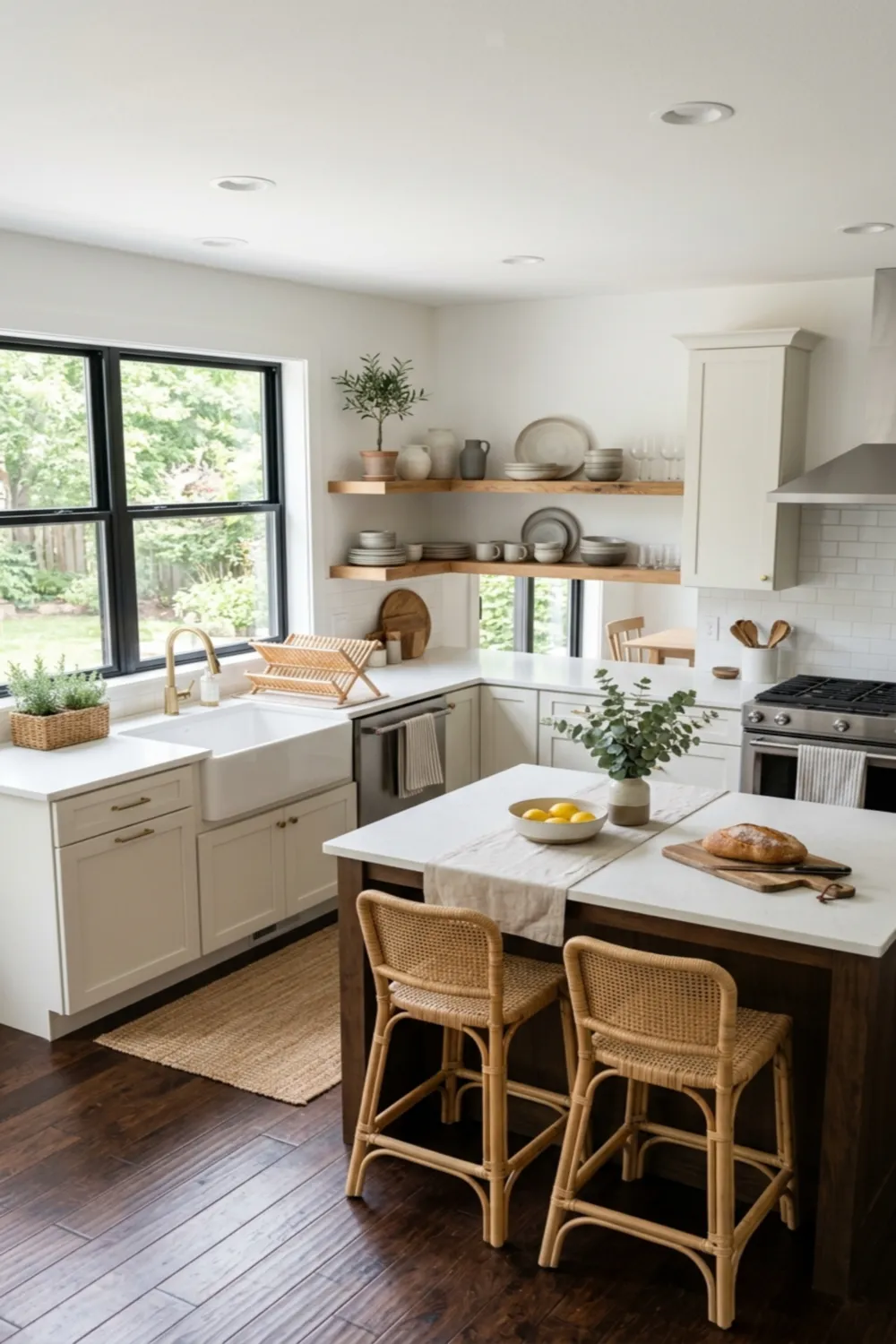 Dark Floors with Light Kitchen and Open Shelving
