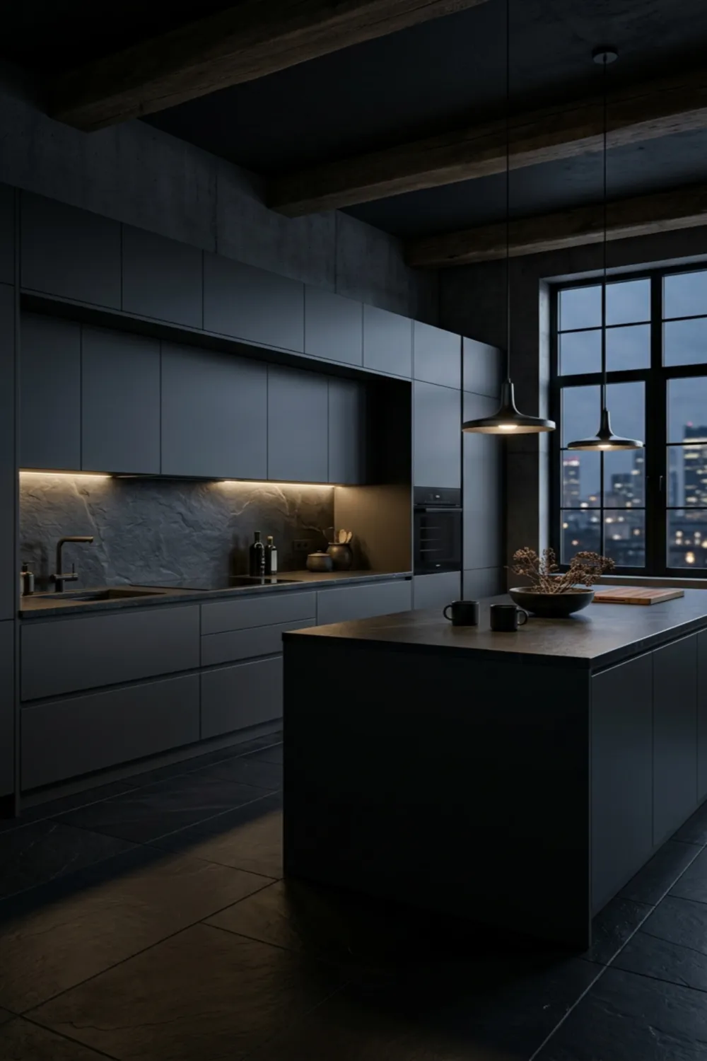 Moody All-Dark Kitchen with Black Floor Tiles