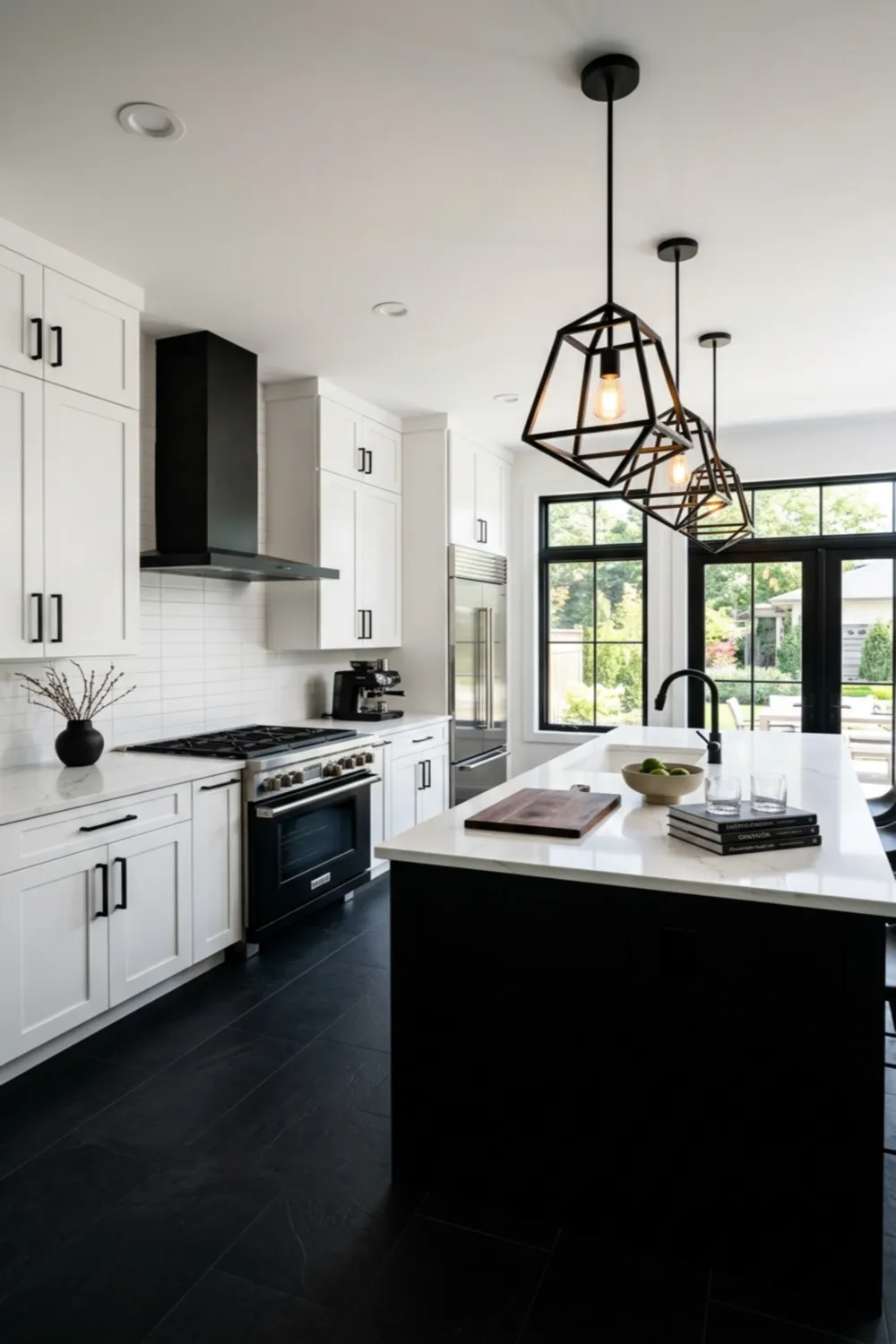 Black Floor Kitchen with White Cabinets and High Contrast Styling