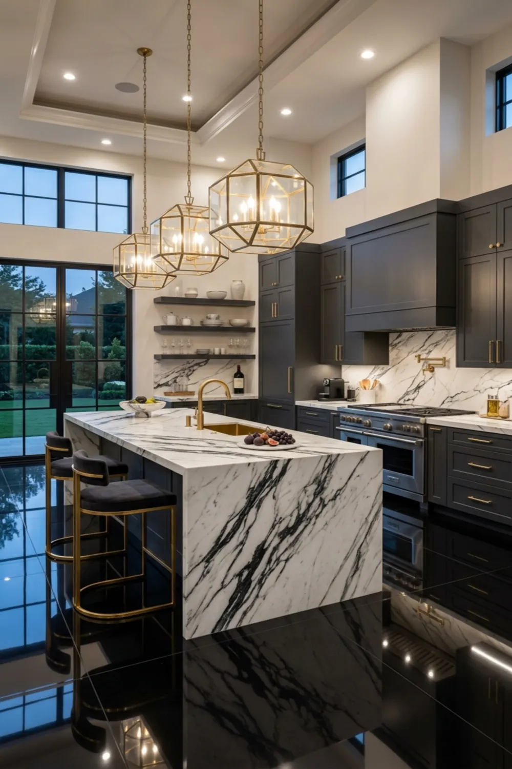 Black Floor Kitchen with Marble Countertops