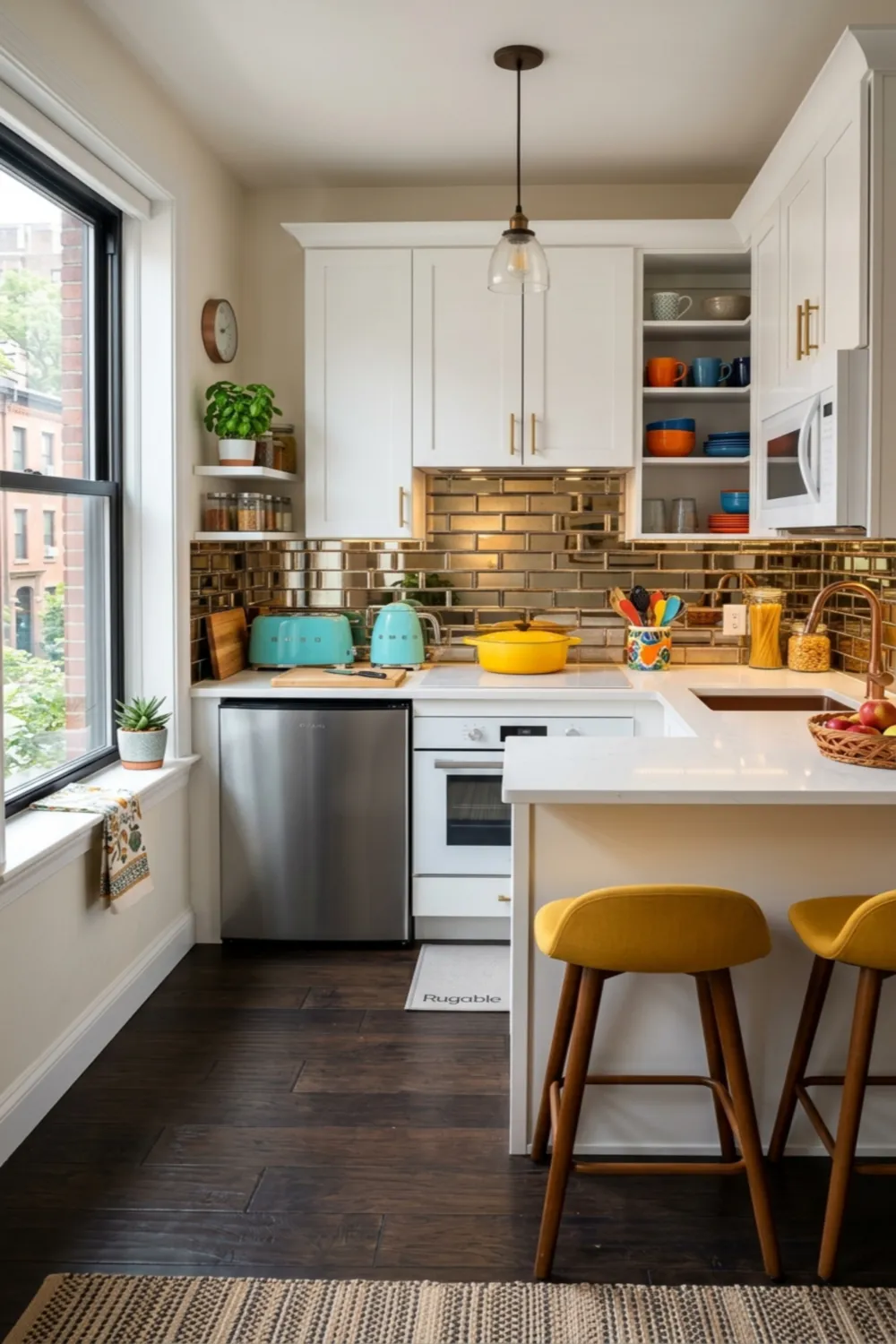 Small Kitchen with Dark Floors and Bright Accents
