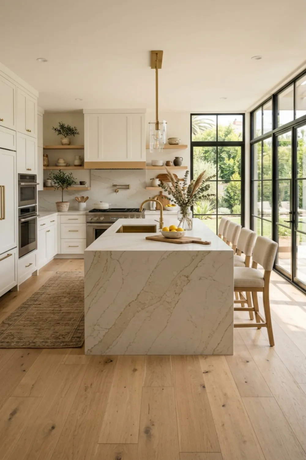 Light Oak Wood Floor Kitchen with White Cabinets