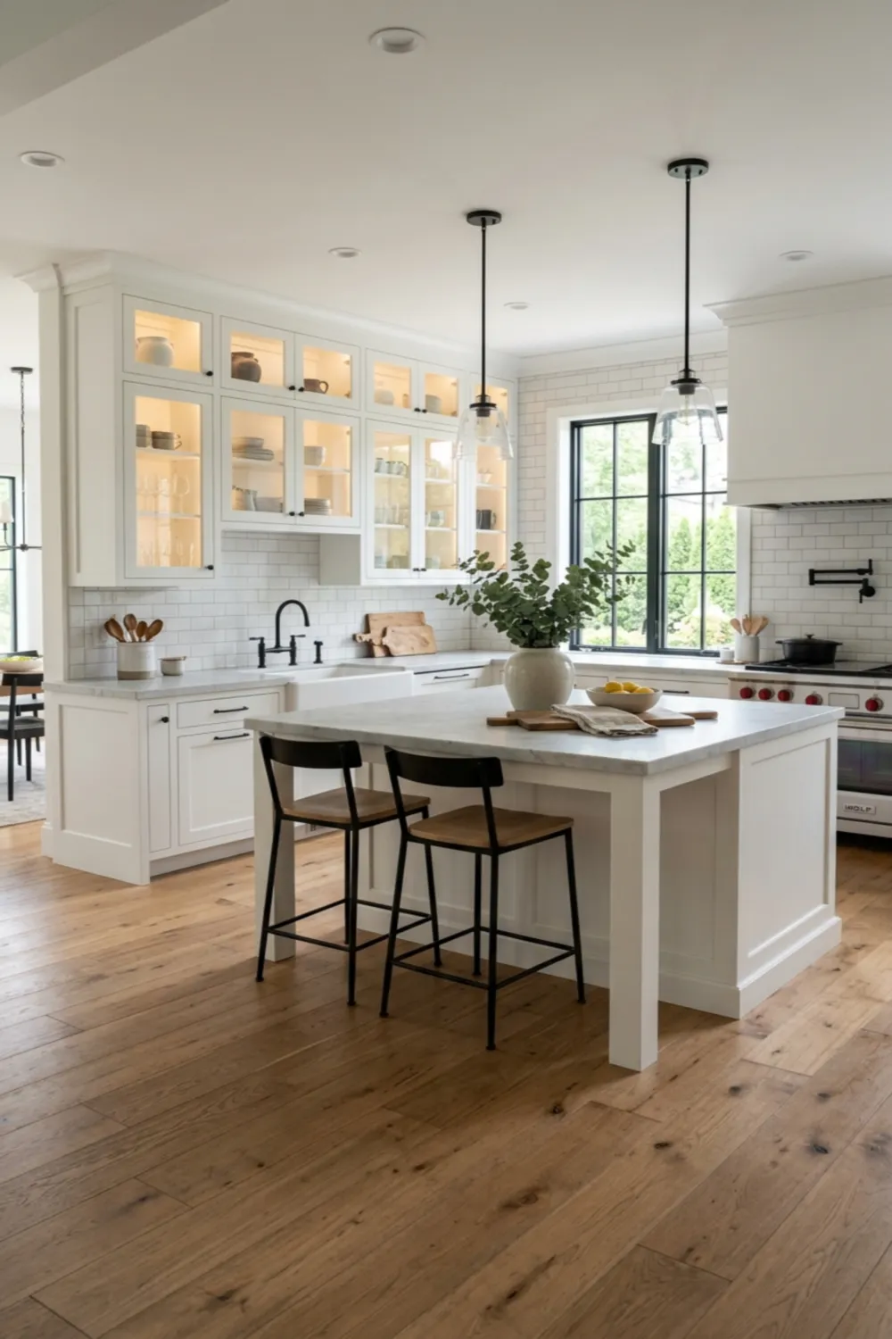 Oak Floor Kitchen with White Cabinet Balance