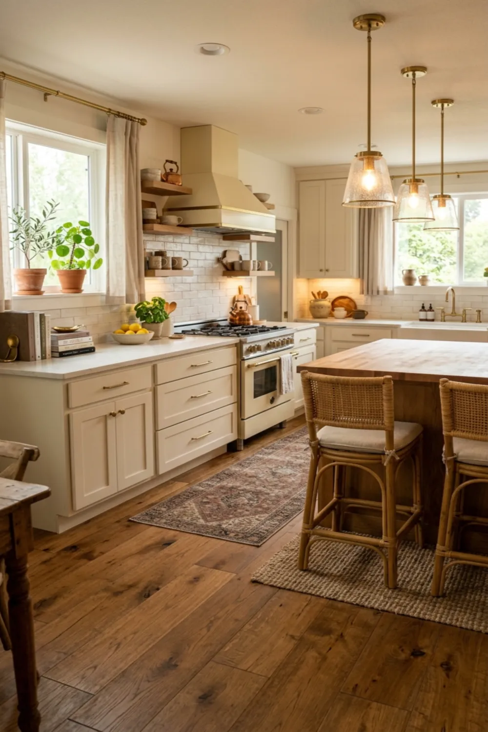 Warm Wood Kitchen Flooring with Cozy Layered Decor