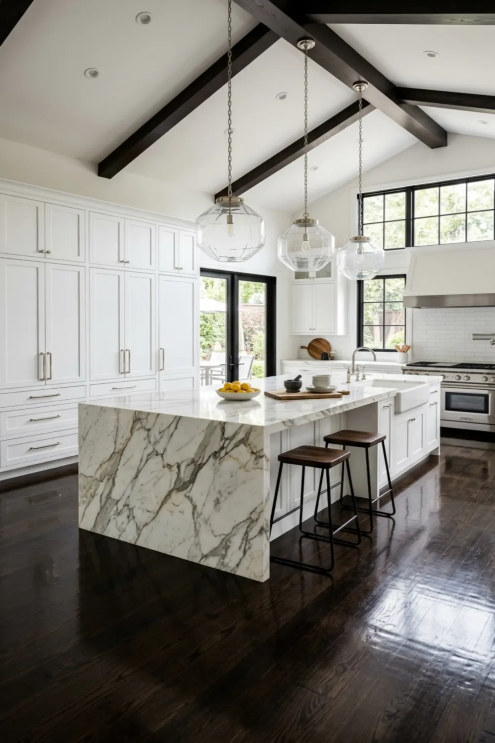 Dark Wood Floor Kitchen with White Cabinet Contrast