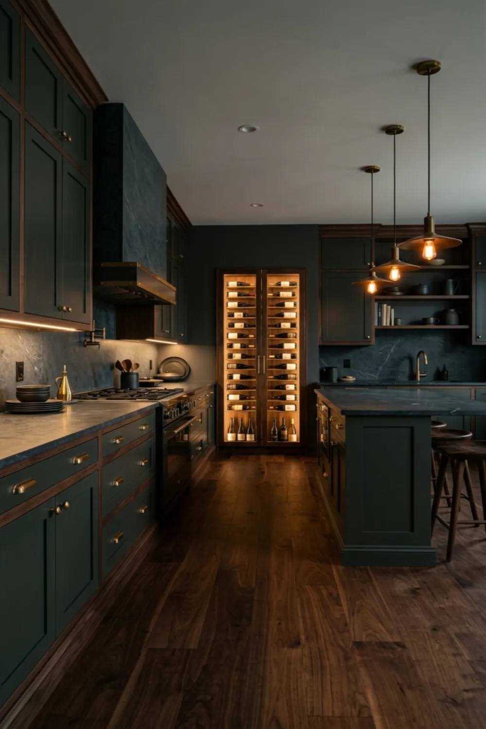 Dark Brown Wood Floor Kitchen with Moody Cabinet Tones
